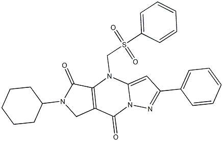 6-Cyclohexyl-6,7-dihydro-4-(phenylsulfonylmethyl)-2-phenyl-4H-1,4,6,8a-tetraaza-s-indacene-5,8-dione Struktur