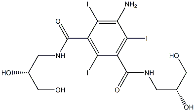 5-アミノ-N,N'-ビス[(R)-2,3-ジヒドロキシプロピル]-2,4,6-トリヨード-1,3-ベンゼンジカルボアミド 化学構造式