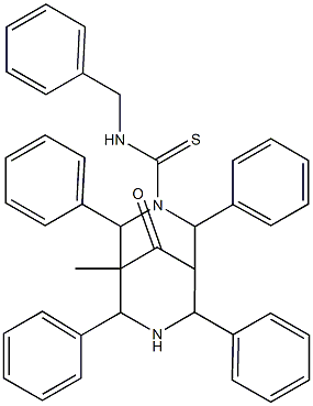 N-ベンジル-5-メチル-9-オキソ-2,4,6,8-テトラフェニル-3,7-ジアザビシクロ[3.3.1]ノナン-3-カルボチオアミド 化学構造式