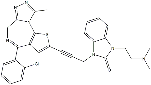 4-(2-クロロフェニル)-9-メチル-2-[3-[[3-(2-ジメチルアミノエチル)-2,3-ジヒドロ-2-オキソ-1H-ベンゾイミダゾール]-1-イル]-1-プロピニル]-6H-チエノ[3,2-f][1,2,4]トリアゾロ[4,3-a][1,4]ジアゼピン 化学構造式