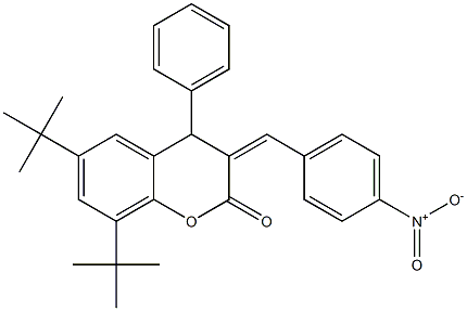 4-Phenyl-6,8-ditert-butyl-3,4-dihydro-3-(p-nitrobenzylidene)-2H-1-benzopyran-2-one,,结构式