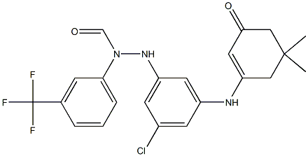 ((3-((5,5-Dimethyl-3-oxocyclohex-1-enyl)amino)-5-chlorophenyl)amino)-N-(3-(trifluoromethyl)phenyl)formamide Struktur