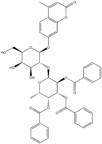 4-Methylumbelliferyl 2-O-(2,3,4-Tri-O-benzoyl-a-L-fucopyranosyl)-b-D-galactopyranoside 化学構造式