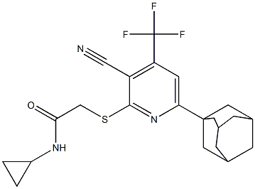 2-{[6-(1-adamantyl)-3-cyano-4-(trifluoromethyl)-2-pyridinyl]sulfanyl}-N-cyclopropylacetamide Structure