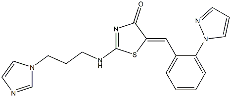 2-{[3-(1H-imidazol-1-yl)propyl]amino}-5-{(E)-[2-(1H-pyrazol-1-yl)phenyl]methylidene}-1,3-thiazol-4(5H)-one Struktur