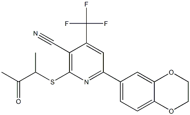 6-(2,3-dihydro-1,4-benzodioxin-6-yl)-2-[(1-methyl-2-oxopropyl)sulfanyl]-4-(trifluoromethyl)nicotinonitrile Structure