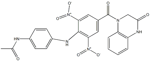 N-[4-(2,6-dinitro-4-{[3-oxo-3,4-dihydro-1(2H)-quinoxalinyl]carbonyl}anilino)phenyl]acetamide Struktur