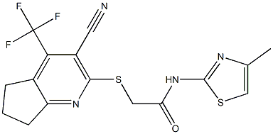 2-{[3-cyano-4-(trifluoromethyl)-6,7-dihydro-5H-cyclopenta[b]pyridin-2-yl]sulfanyl}-N-(4-methyl-1,3-thiazol-2-yl)acetamide 结构式