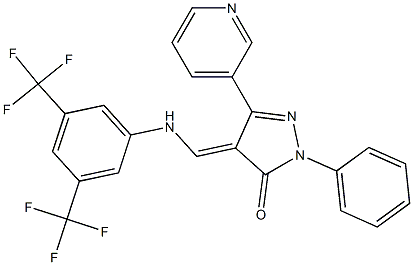 4-{[3,5-bis(trifluoromethyl)anilino]methylene}-2-phenyl-5-(3-pyridinyl)-2,4-dihydro-3H-pyrazol-3-one 化学構造式