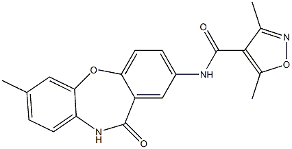 3,5-dimethyl-N-(7-methyl-11-oxo-10,11-dihydrodibenzo[b,f][1,4]oxazepin-2-yl)-4-isoxazolecarboxamide 结构式