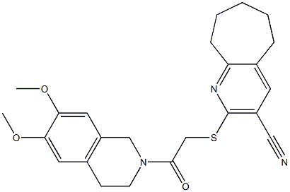 2-({2-[6,7-dimethoxy-3,4-dihydro-2(1H)-isoquinolinyl]-2-oxoethyl}sulfanyl)-6,7,8,9-tetrahydro-5H-cyclohepta[b]pyridine-3-carbonitrile 化学構造式