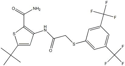 5-(tert-butyl)-3-[(2-{[3,5-di(trifluoromethyl)phenyl]thio}acetyl)amino]thiophene-2-carboxamide,,结构式