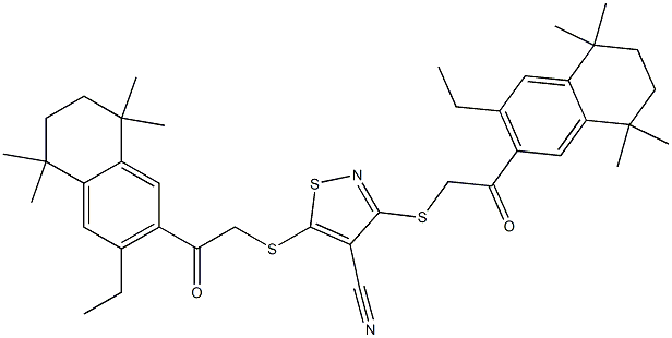 3,5-di{[2-(3-ethyl-5,5,8,8-tetramethyl-5,6,7,8-tetrahydronaphthalen-2-yl)-2-oxoethyl]thio}isothiazole-4-carbonitrile Struktur