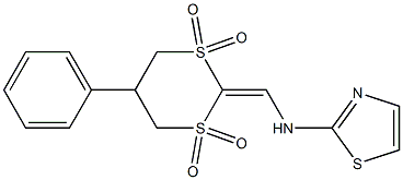 5-phenyl-2-[(1,3-thiazol-2-ylamino)methylidene]-1lambda~6~,3lambda~6~-dithiane-1,1,3,3-tetraone Struktur