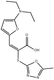 2-Propenoic  acid,  3-[5-(diethylamino)-2-furanyl]-2-[(5-methyl-1,3,4-oxadiazol-2-yl)thio]-,  (2E)- 结构式