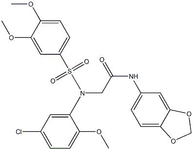 N-(1,3-benzodioxol-5-yl)-2-{5-chloro[(3,4-dimethoxyphenyl)sulfonyl]-2-methoxyanilino}acetamide Struktur