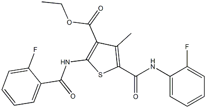 ethyl 5-[(2-fluoroanilino)carbonyl]-2-[(2-fluorobenzoyl)amino]-4-methyl-3-thiophenecarboxylate Structure