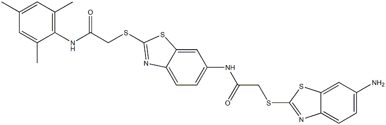 2-[(6-amino-1,3-benzothiazol-2-yl)sulfanyl]-N-(2-{[2-(mesitylamino)-2-oxoethyl]sulfanyl}-1,3-benzothiazol-6-yl)acetamide 结构式