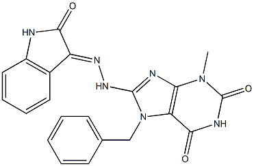 7-benzyl-3-methyl-8-[2-(2-oxo-1,2-dihydro-3H-indol-3-ylidene)hydrazino]-3,7-dihydro-1H-purine-2,6-dione Struktur