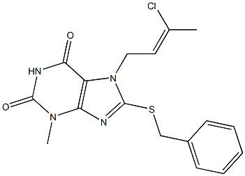 8-(benzylsulfanyl)-7-(3-chloro-2-butenyl)-3-methyl-3,7-dihydro-1H-purine-2,6-dione,,结构式