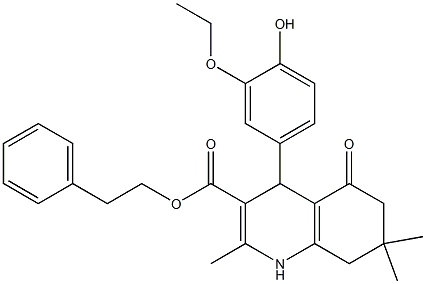2-phenylethyl 4-(3-ethoxy-4-hydroxyphenyl)-2,7,7-trimethyl-5-oxo-1,4,5,6,7,8-hexahydro-3-quinolinecarboxylate 化学構造式