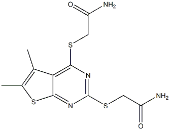 2-({2-[(2-amino-2-oxoethyl)sulfanyl]-5,6-dimethylthieno[2,3-d]pyrimidin-4-yl}sulfanyl)acetamide 化学構造式