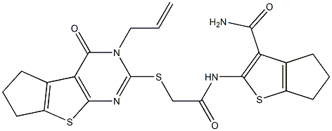 2-({[(3-allyl-4-oxo-3,5,6,7-tetrahydro-4H-cyclopenta[4,5]thieno[2,3-d]pyrimidin-2-yl)sulfanyl]acetyl}amino)-5,6-dihydro-4H-cyclopenta[b]thiophene-3-carboxamide Struktur