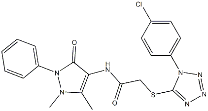 2-{[1-(4-chlorophenyl)-1H-tetraazol-5-yl]sulfanyl}-N-(1,5-dimethyl-3-oxo-2-phenyl-2,3-dihydro-1H-pyrazol-4-yl)acetamide,,结构式