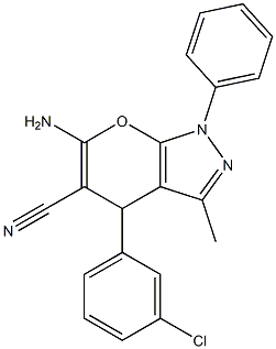 6-amino-4-(3-chlorophenyl)-3-methyl-1-phenyl-1,4-dihydropyrano[2,3-c]pyrazole-5-carbonitrile 化学構造式