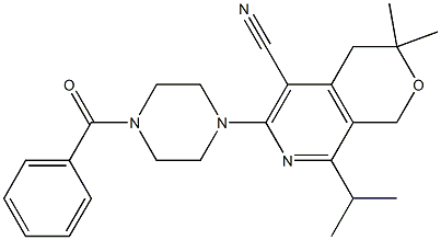 6-(4-benzoyl-1-piperazinyl)-8-isopropyl-3,3-dimethyl-3,4-dihydro-1H-pyrano[3,4-c]pyridine-5-carbonitrile 化学構造式