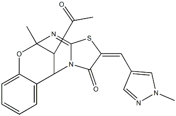 16-acetyl-9-methyl-13-[(1-methyl-1H-pyrazol-4-yl)methylene]-8-oxa-12-thia-10,15-diazatetracyclo[7.6.1.0~2,7~.0~11,15~]hexadeca-2,4,6,10-tetraen-14-one Structure