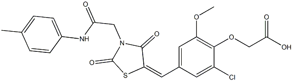 [2-chloro-4-({2,4-dioxo-3-[2-oxo-2-(4-toluidino)ethyl]-1,3-thiazolidin-5-ylidene}methyl)-6-methoxyphenoxy]acetic acid Struktur