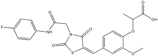 2-[4-({3-[2-(4-fluoroanilino)-2-oxoethyl]-2,4-dioxo-1,3-thiazolidin-5-ylidene}methyl)-2-methoxyphenoxy]propanoic acid Struktur