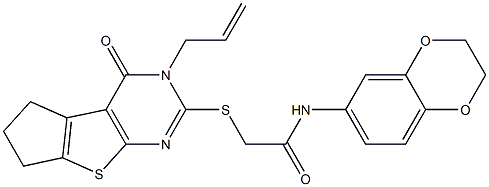 2-[(3-allyl-4-oxo-3,5,6,7-tetrahydro-4H-cyclopenta[4,5]thieno[2,3-d]pyrimidin-2-yl)sulfanyl]-N-(2,3-dihydro-1,4-benzodioxin-6-yl)acetamide 化学構造式