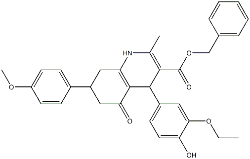 benzyl 4-(3-ethoxy-4-hydroxyphenyl)-7-(4-methoxyphenyl)-2-methyl-5-oxo-1,4,5,6,7,8-hexahydro-3-quinolinecarboxylate 化学構造式