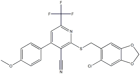 2-{[(6-chloro-1,3-benzodioxol-5-yl)methyl]sulfanyl}-4-(4-methoxyphenyl)-6-(trifluoromethyl)nicotinonitrile 结构式