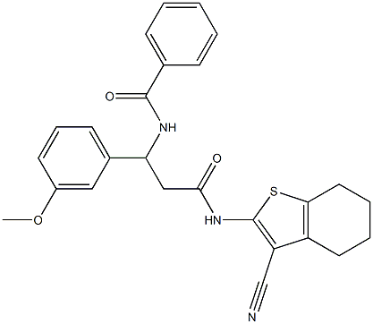 N-[3-[(3-cyano-4,5,6,7-tetrahydro-1-benzothien-2-yl)amino]-1-(3-methoxyphenyl)-3-oxopropyl]benzamide 化学構造式