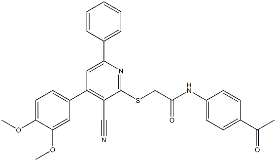 N-(4-acetylphenyl)-2-{[3-cyano-4-(3,4-dimethoxyphenyl)-6-phenyl-2-pyridinyl]sulfanyl}acetamide Structure