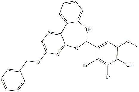 4-[3-(benzylsulfanyl)-6,7-dihydro[1,2,4]triazino[5,6-d][3,1]benzoxazepin-6-yl]-2,3-dibromo-6-methoxyphenol 化学構造式