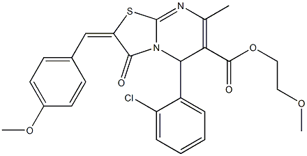 2-methoxyethyl 5-(2-chlorophenyl)-2-(4-methoxybenzylidene)-7-methyl-3-oxo-2,3-dihydro-5H-[1,3]thiazolo[3,2-a]pyrimidine-6-carboxylate Struktur