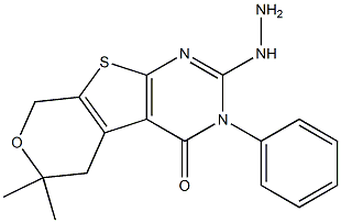 2-hydrazino-6,6-dimethyl-3-phenyl-3,5,6,8-tetrahydro-4H-pyrano[4',3':4,5]thieno[2,3-d]pyrimidin-4-one 结构式