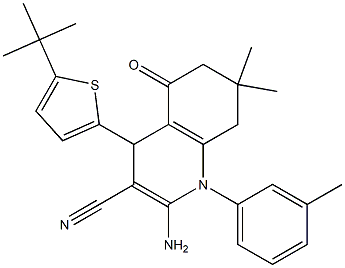2-amino-4-(5-tert-butylthien-2-yl)-7,7-dimethyl-1-(3-methylphenyl)-5-oxo-1,4,5,6,7,8-hexahydroquinoline-3-carbonitrile,,结构式