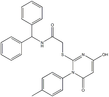 N-benzhydryl-2-{[4-hydroxy-1-(4-methylphenyl)-6-oxo-1,6-dihydro-2-pyrimidinyl]sulfanyl}acetamide 化学構造式
