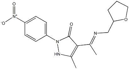 2-{4-nitrophenyl}-5-methyl-4-[N-(tetrahydro-2-furanylmethyl)ethanimidoyl]-1,2-dihydro-3H-pyrazol-3-one Struktur