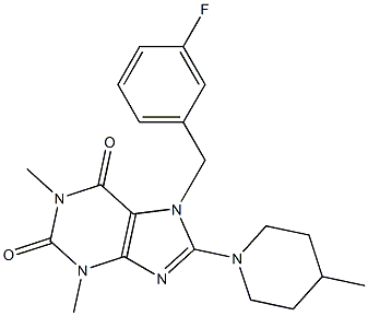7-(3-fluorobenzyl)-1,3-dimethyl-8-(4-methylpiperidin-1-yl)-3,7-dihydro-1H-purine-2,6-dione,,结构式