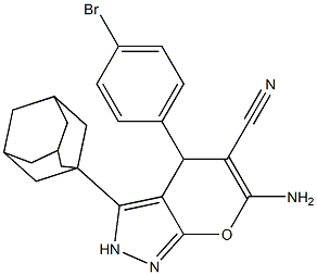 3-(1-adamantyl)-6-amino-4-(4-bromophenyl)-2,4-dihydropyrano[2,3-c]pyrazole-5-carbonitrile Structure