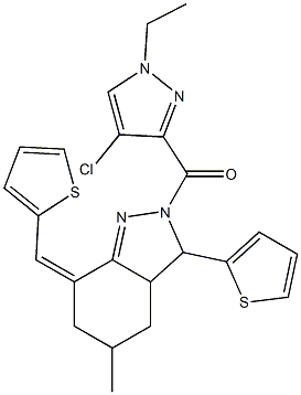 2-[(4-chloro-1-ethyl-1H-pyrazol-3-yl)carbonyl]-5-methyl-3-(2-thienyl)-7-(2-thienylmethylene)-3,3a,4,5,6,7-hexahydro-2H-indazole,,结构式