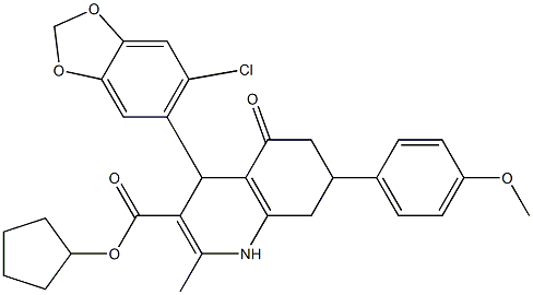 cyclopentyl 4-(6-chloro-1,3-benzodioxol-5-yl)-7-(4-methoxyphenyl)-2-methyl-5-oxo-1,4,5,6,7,8-hexahydro-3-quinolinecarboxylate Structure