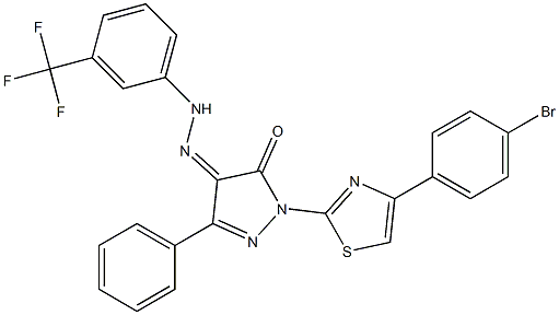 1-[4-(4-bromophenyl)-1,3-thiazol-2-yl]-3-phenyl-1H-pyrazole-4,5-dione 4-{N-[3-(trifluoromethyl)phenyl]hydrazone} 化学構造式