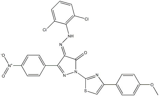 1-[4-(4-methoxyphenyl)-1,3-thiazol-2-yl]-3-(4-nitrophenyl)-1H-pyrazole-4,5-dione 4-[N-(2,6-dichlorophenyl)hydrazone],,结构式